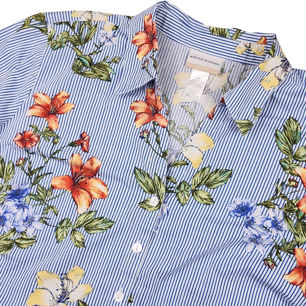 Alfred Dunner Button Up Shirt Woman 3X Blue Striped Floral Short Sleeve Coastal